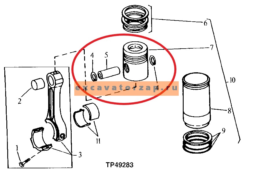 Поршень RE515372 в сборе двигателя экскаватора погрузчика John Deere 315SK, 325J, 325K