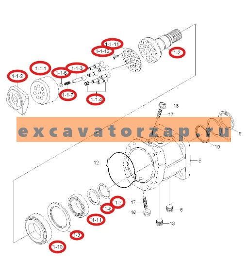 Группа роторная R909603781 (оригинал, HYUNDAI) (качающий узел + поршня + вал + шайба + подшипники) гидромотора КПП (хода) экскаватора HYUNDAI R140W7, R170W7